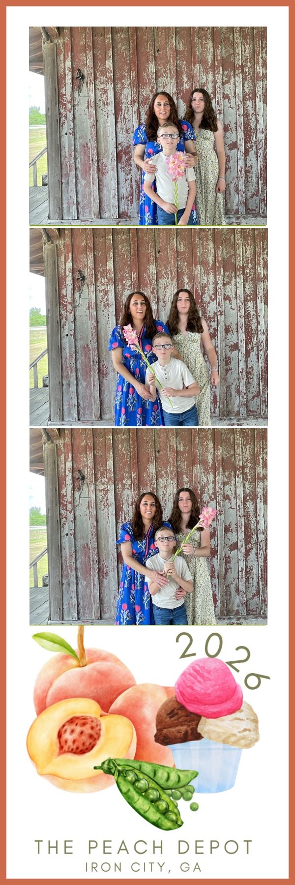 Photo booth strip from The Peach Depot Iron City GA 2026 featuring a woman with two children holding flower props by a weathered barn.