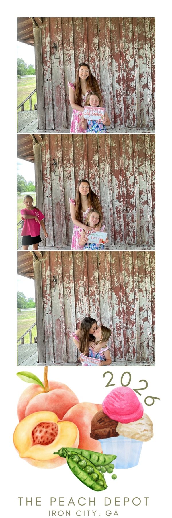 Photo booth strip from The Peach Depot in Iron City, GA featuring two girls posing in front of a rustic barn wall in 2026.