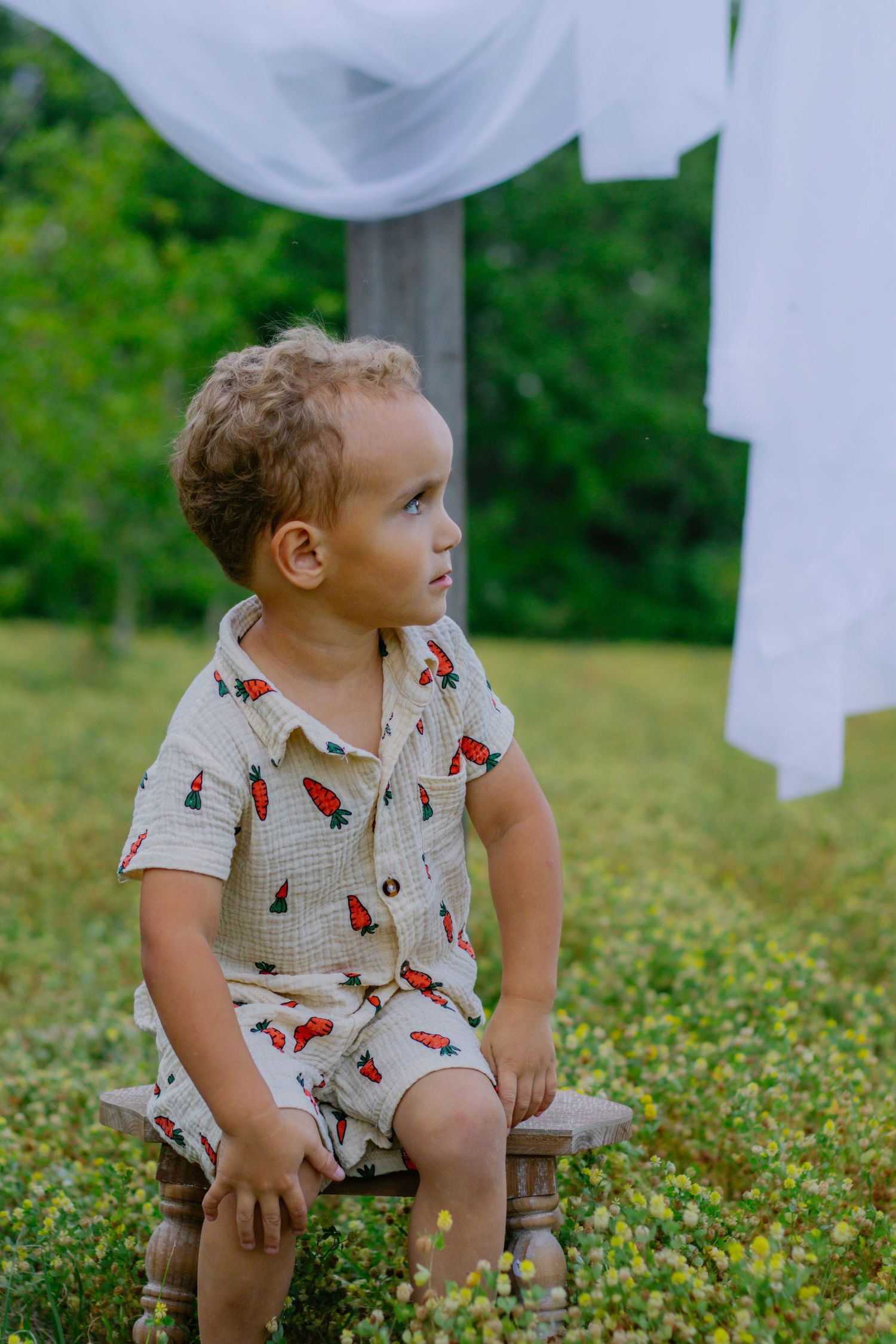Curious toddler boy in carrot-print romper sits on a small bench in a flower-filled meadow with white fabric hanging nearby.
