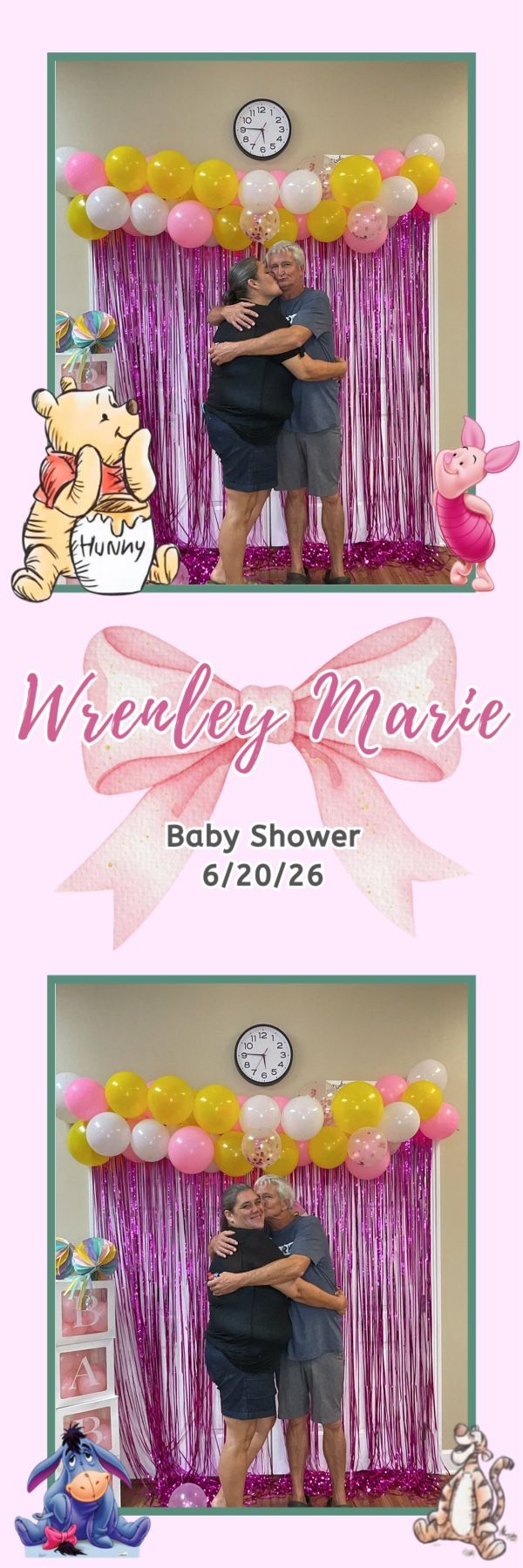 Couple embraces at Wrenley Marie baby shower photo booth with pink balloon arch and Winnie the Pooh theme on 6/20/26.