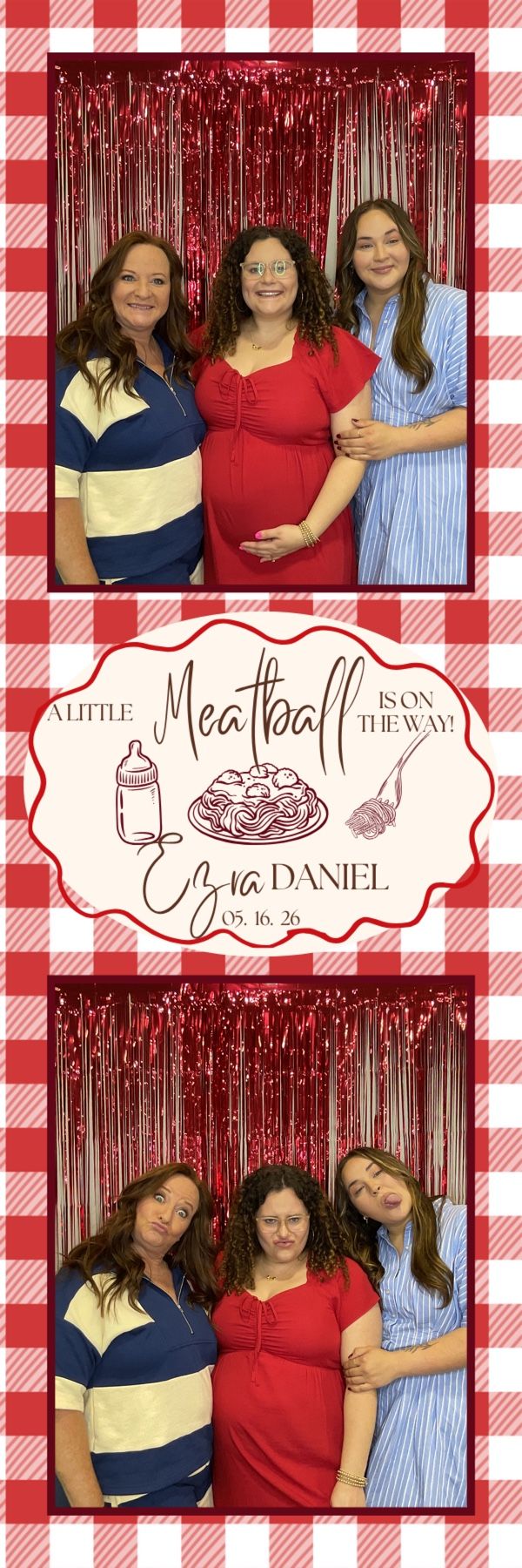 Three women, one visibly pregnant, celebrate at a meatball-themed baby shower photo booth event.