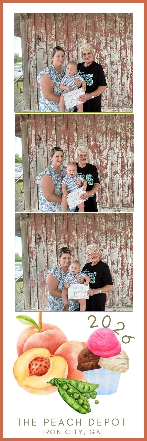 Photo booth strip from The Peach Depot in Iron City, GA showing two women and a baby posing in front of a rustic barn wall in 2026.