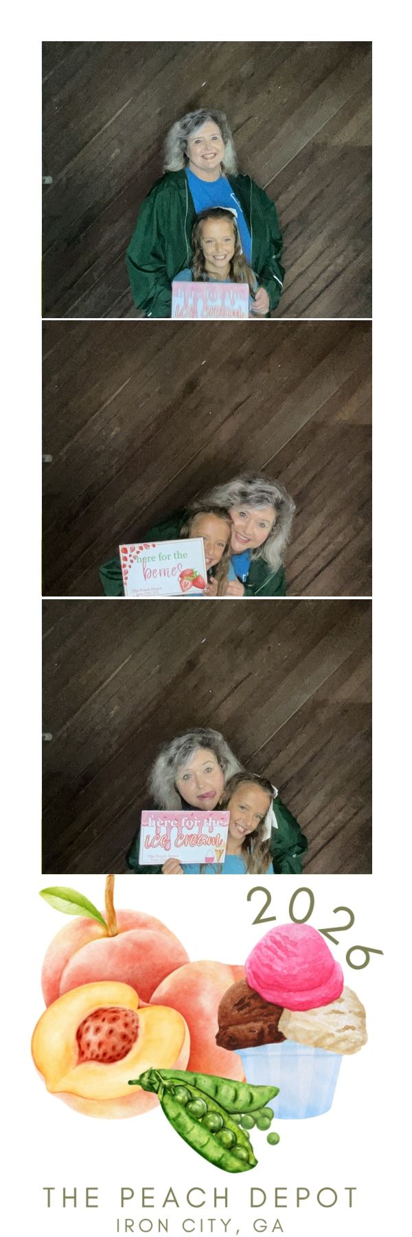 Grandmother and granddaughter pose in a photo booth strip at The Peach Depot in Iron City, GA, 2026.