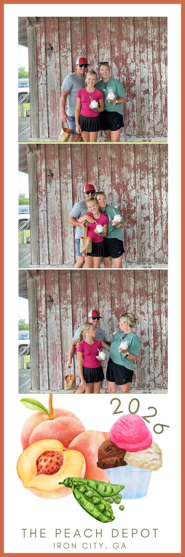 Family photo booth strip at The Peach Depot Iron City GA 2026 with three poses against rustic barn wood wall.