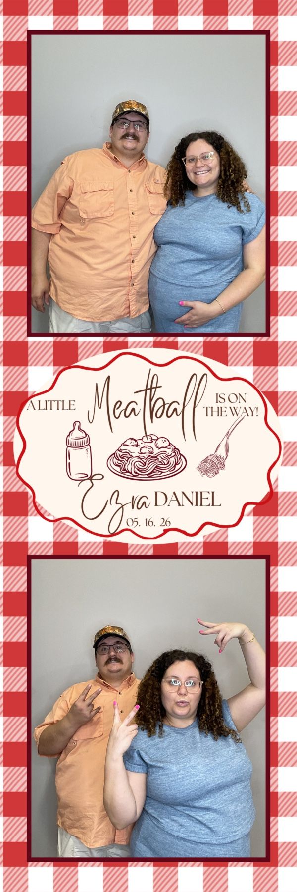 Couple poses at a meatball-themed baby shower photo booth for baby Ezra Daniel, due 05.16.26.