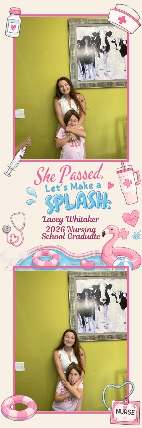 Two women posing together at Lacey Whitaker's 2026 nursing school graduation party photo booth.