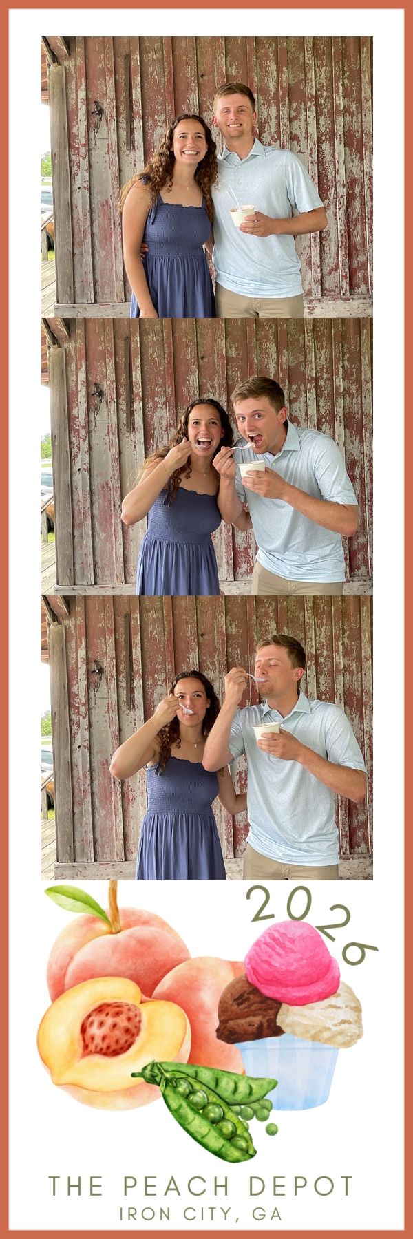 Couple enjoying ice cream at The Peach Depot in Iron City, GA, posing playfully in a photo booth strip.