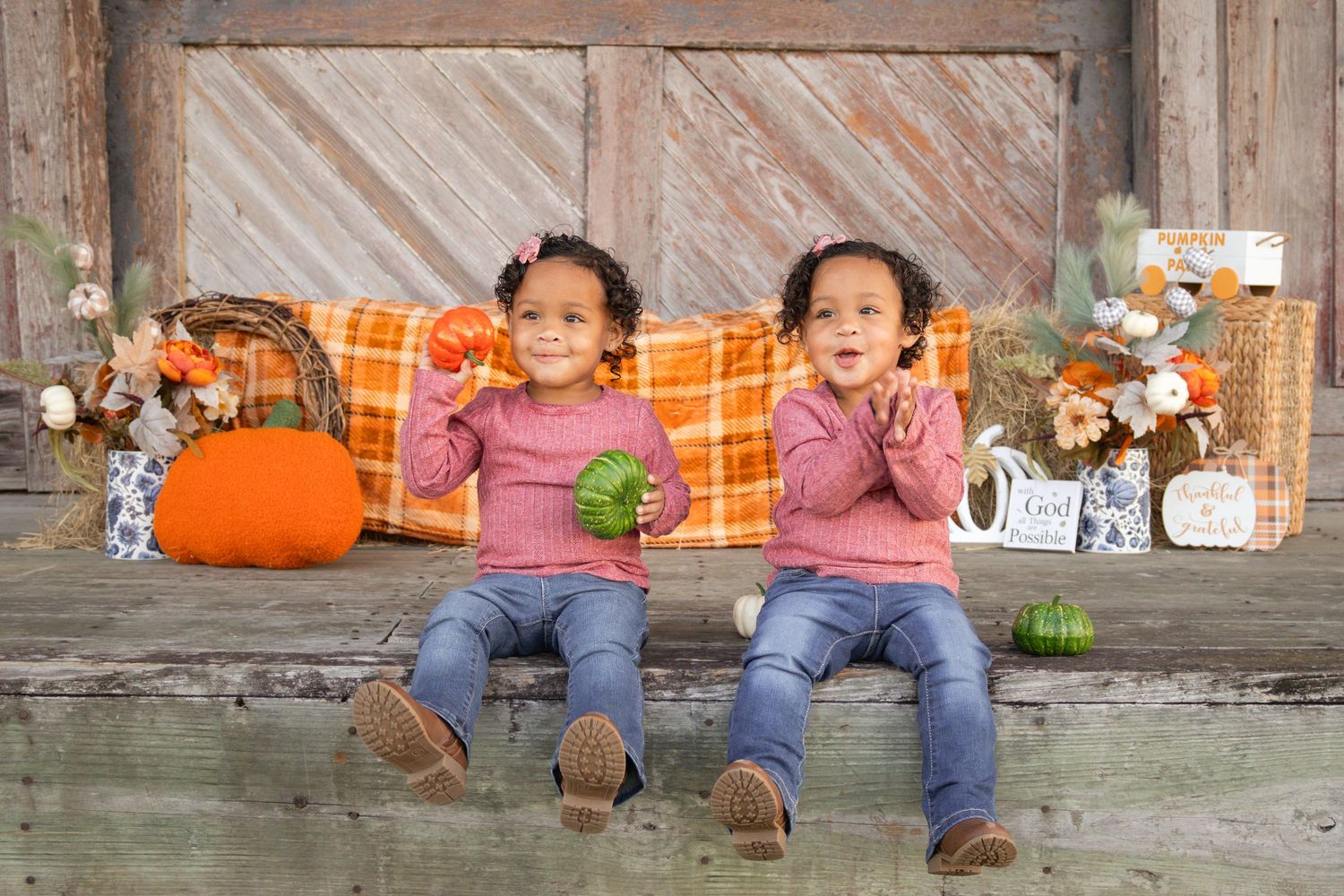 Twin toddler girls in pink sweaters sitting together with pumpkins and fall harvest decorations.