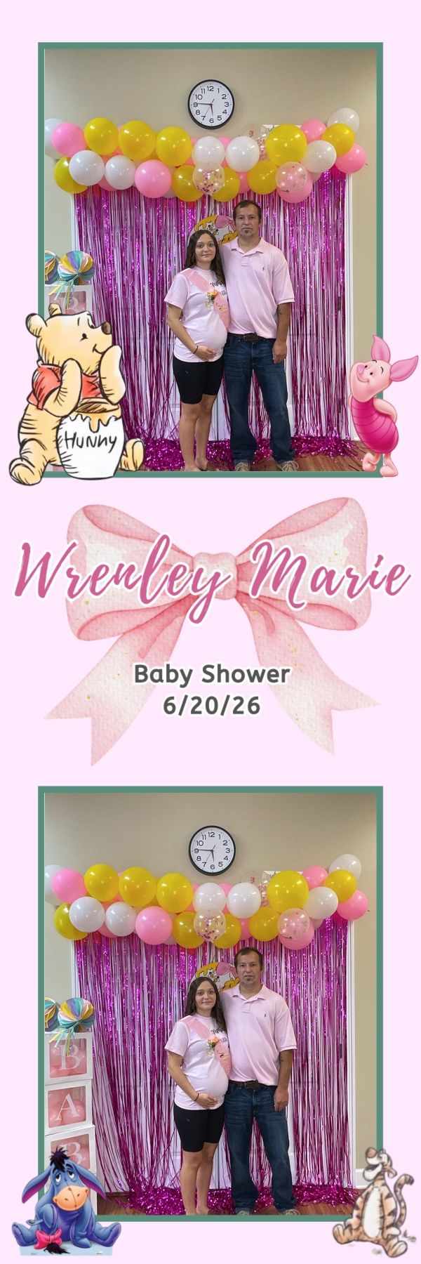 Pregnant woman and man in matching pink shirts pose at Wrenley Marie Winnie the Pooh baby shower on 6/20/26.