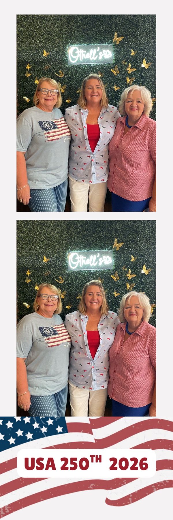 Three women pose together at Gtrall's photo booth with USA 250th 2026 American flag overlay.