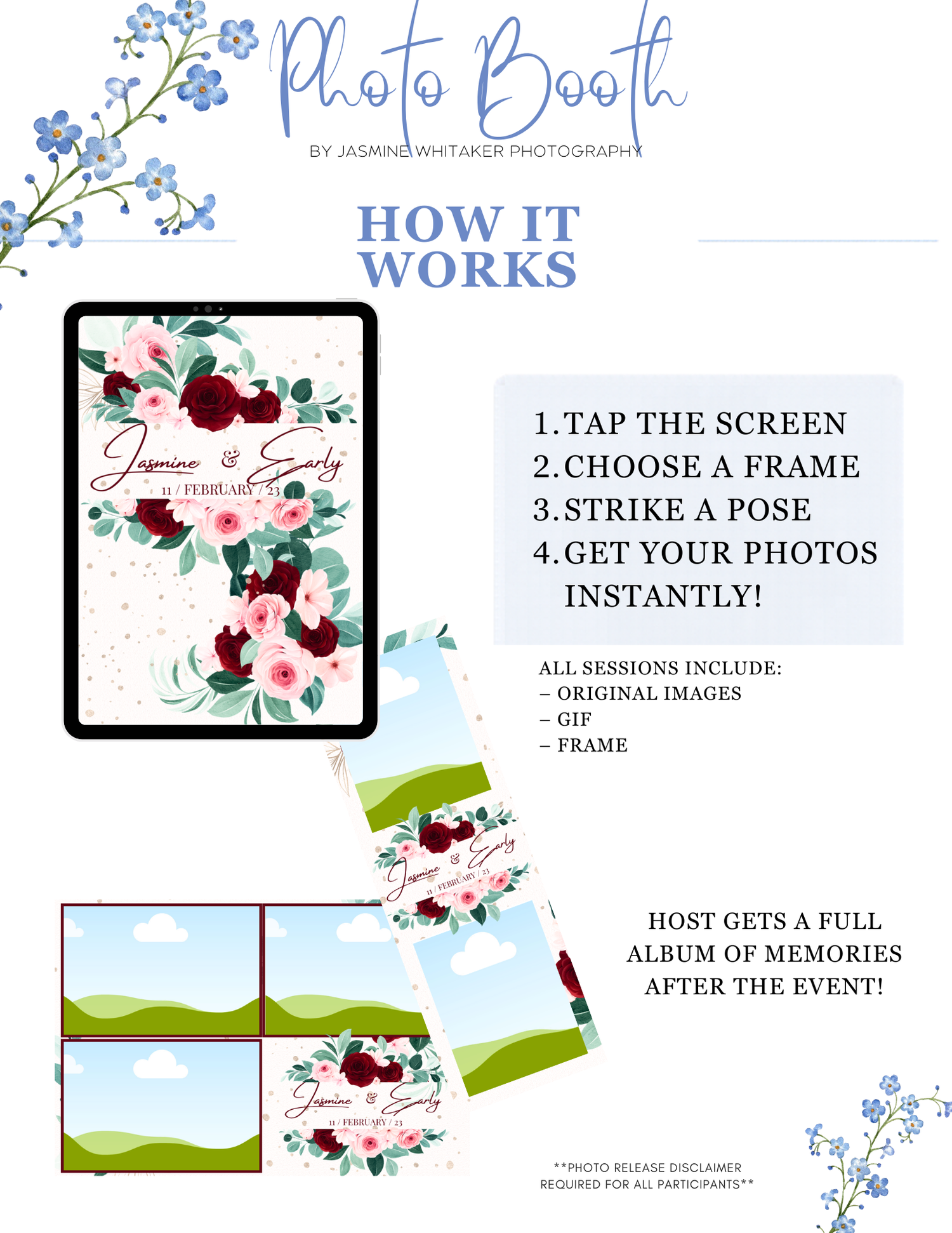 Photo booth flyer showing how it works with floral design, step-by-step instructions, and sample wedding photo frames.