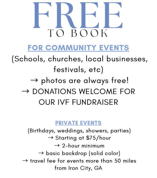 Flyer offering free photo booking for community events and private event photography starting at $75/hour near Iron City, GA.