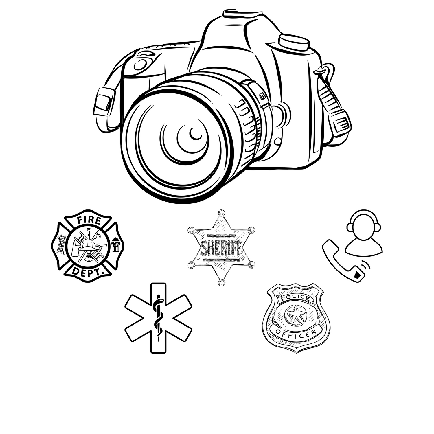 Black and white illustration of DSLR camera with first responder badges and icons.