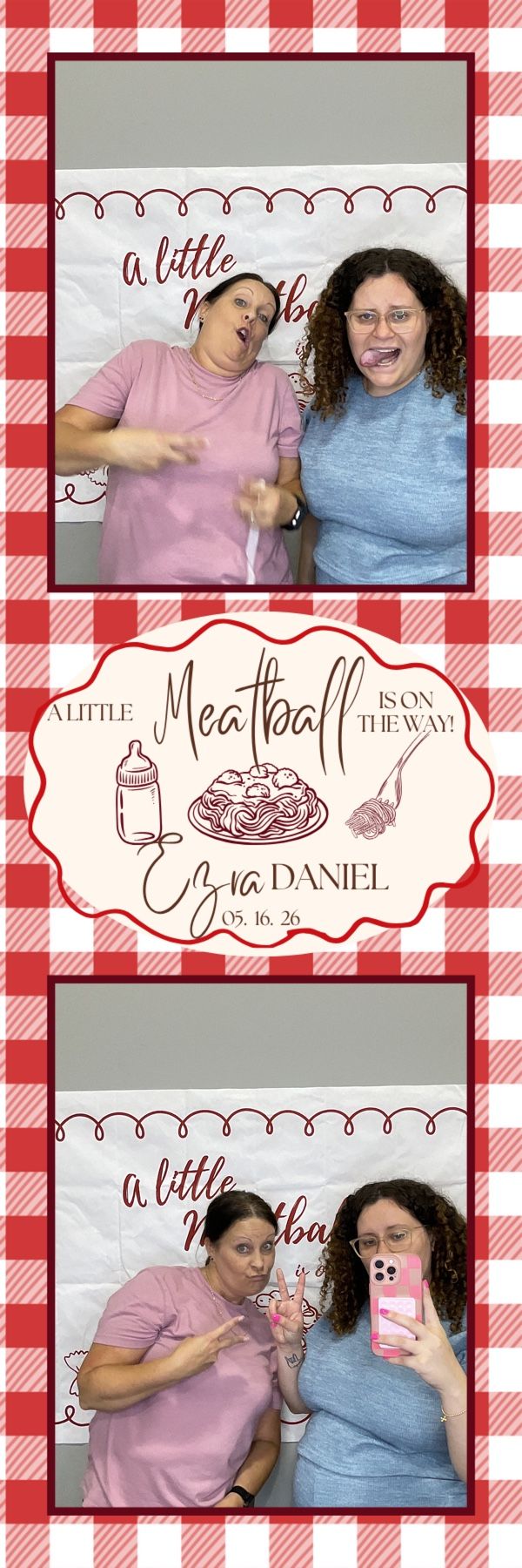 Two women make silly faces at a meatball-themed baby shower photo booth for Ezra Daniel.