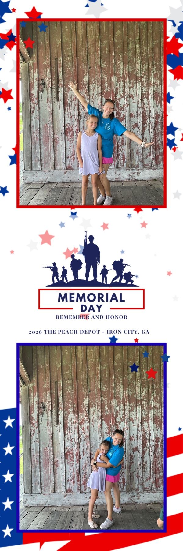 Two girls pose happily at a Memorial Day photo booth at The Peach Depot in Iron City, GA.