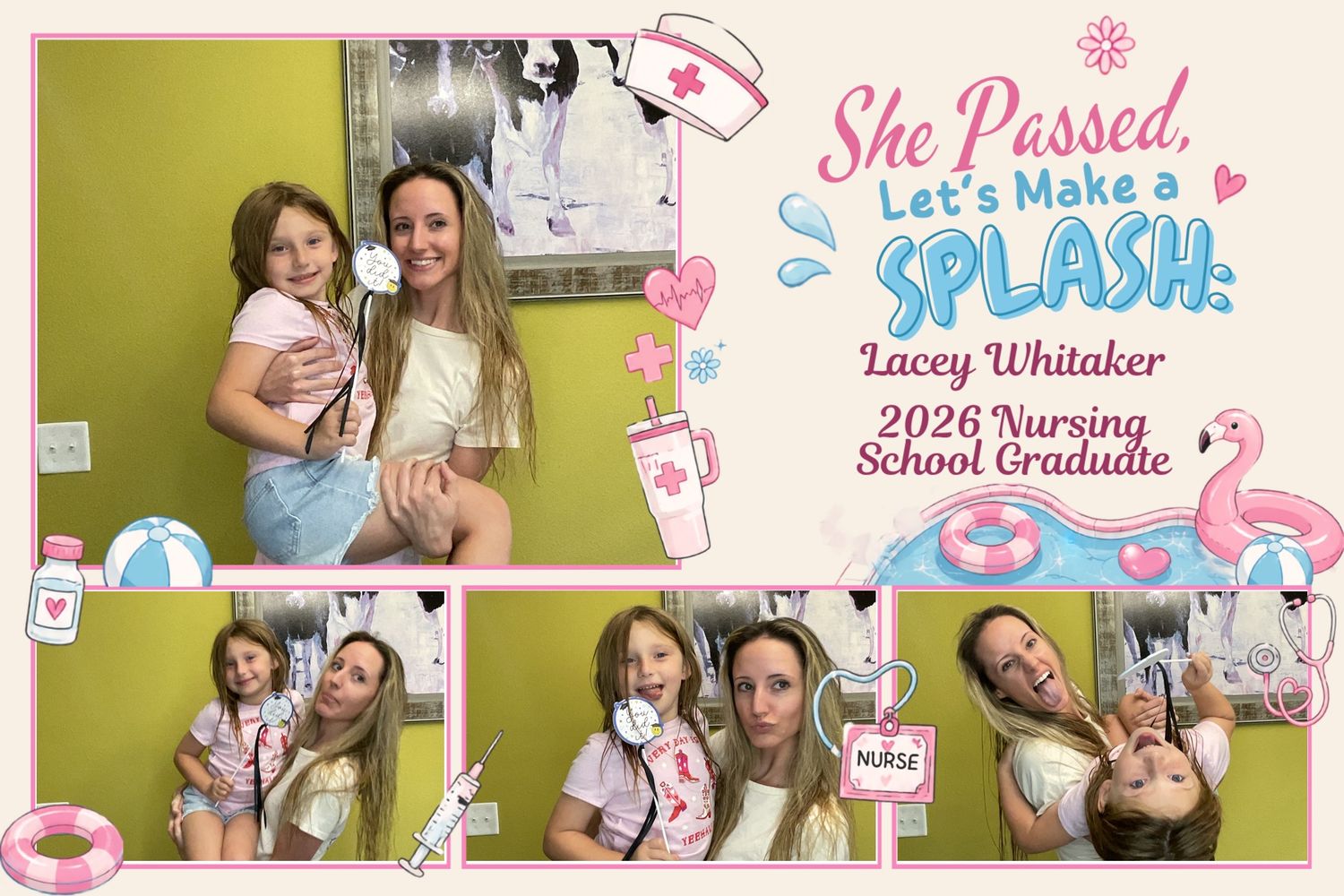 Photo booth collage celebrating Lacey Whitaker, 2026 Nursing School Graduate, with splash-themed decorations.