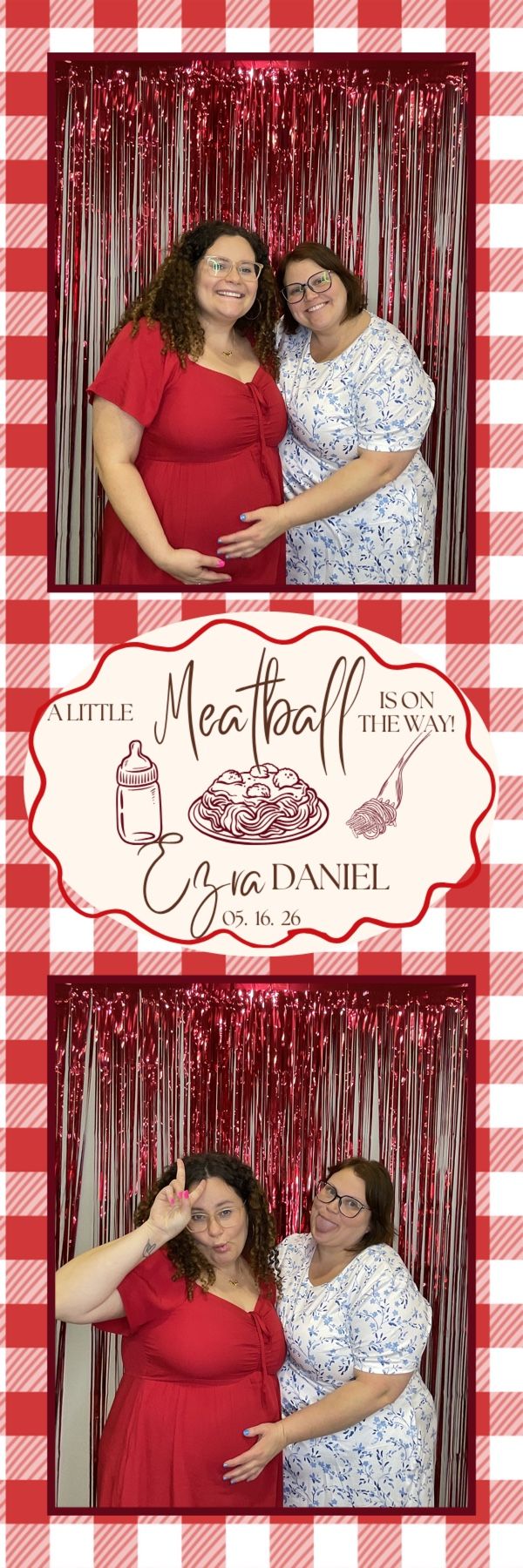 Two women, one pregnant, smile at a meatball-themed baby shower photo booth with red gingham border.
