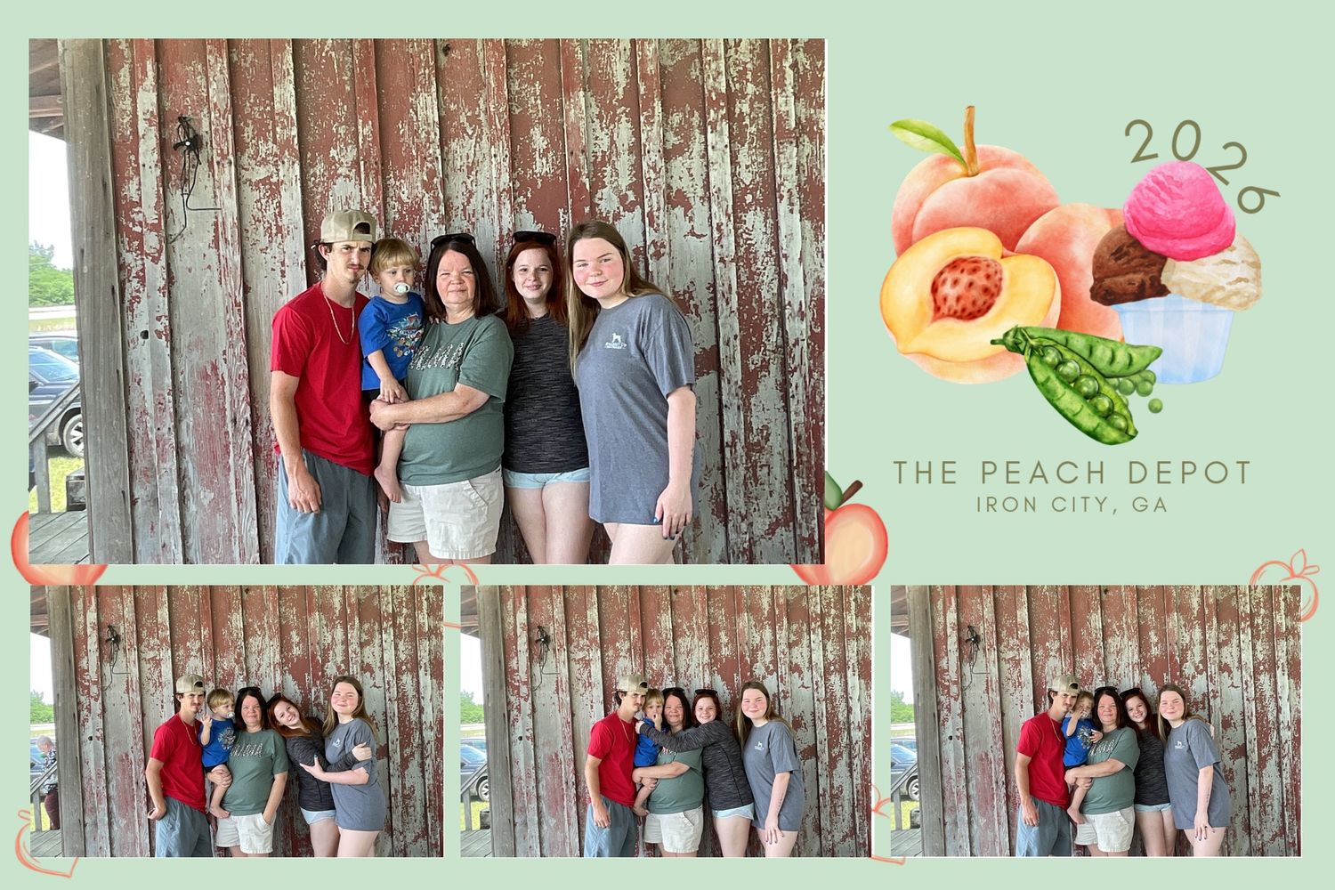 Group of five posing at The Peach Depot photo booth in Iron City GA with peach themed decorative border.
