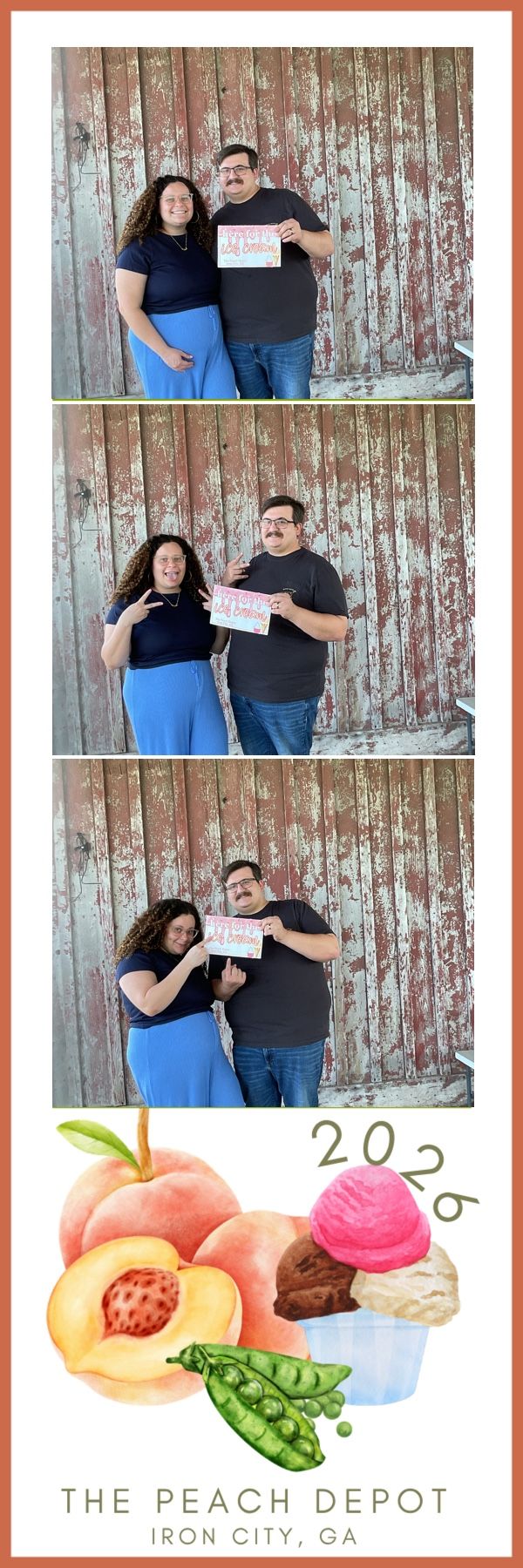 Couple posing in three-photo strip at The Peach Depot photo booth in Iron City, GA, holding a pink sign in front of weathered barn wood.