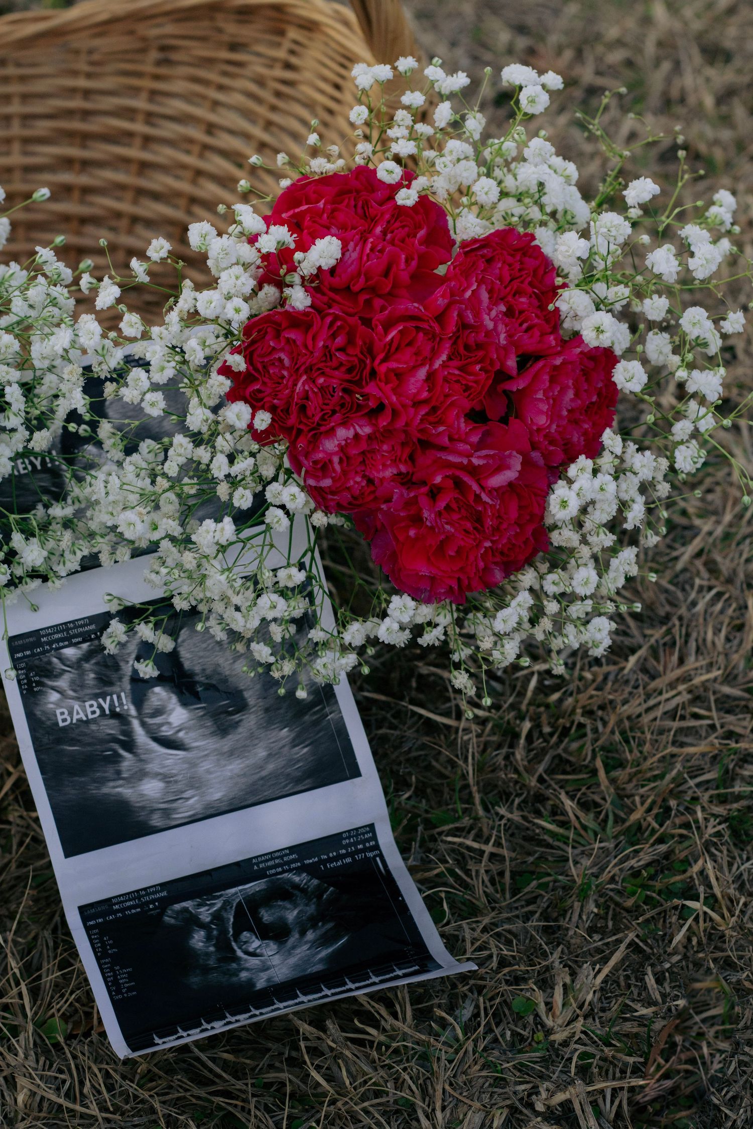 Red carnations with baby's breath and ultrasound photos for pregnancy announcement.