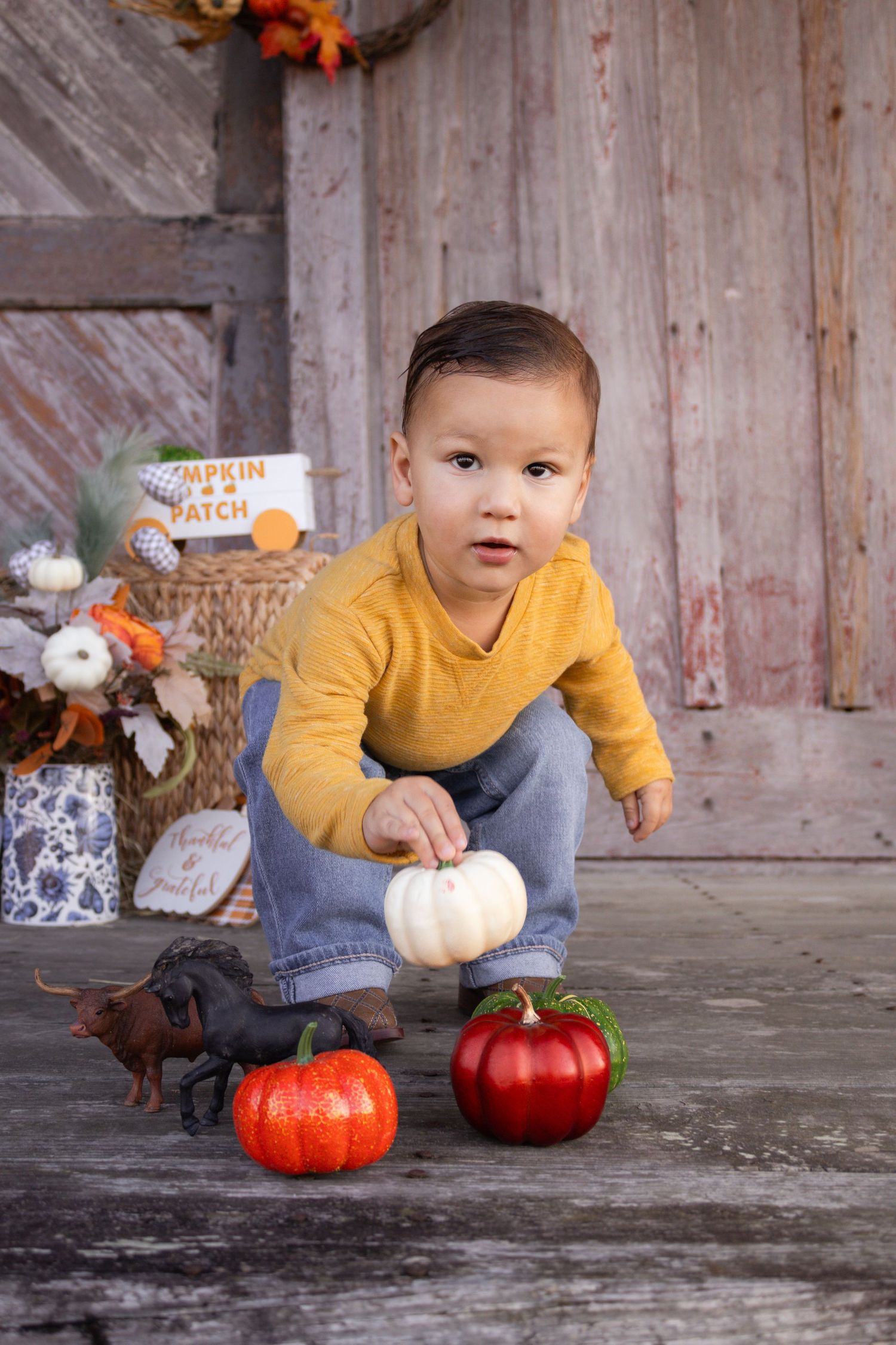Young boy in yellow sweater crouching near decorative pumpkins at rustic fall barn setting.