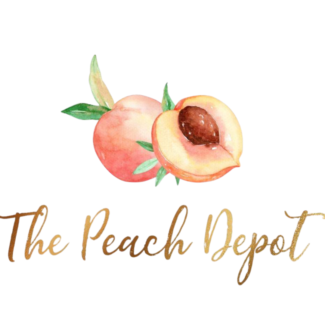The Peach Depot logo featuring watercolor peaches with green leaves and elegant gold script text.