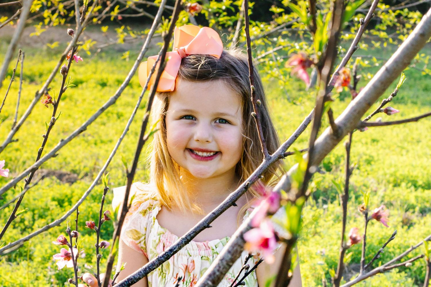 Smiling young girl with orange bow in hair standing among pink flowering tree branches outdoors.