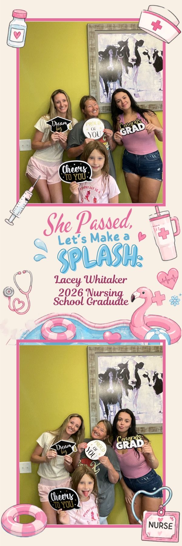 Photo booth strip of four people holding grad props at Lacey Whitaker 2026 Nursing School Graduate splash party.
