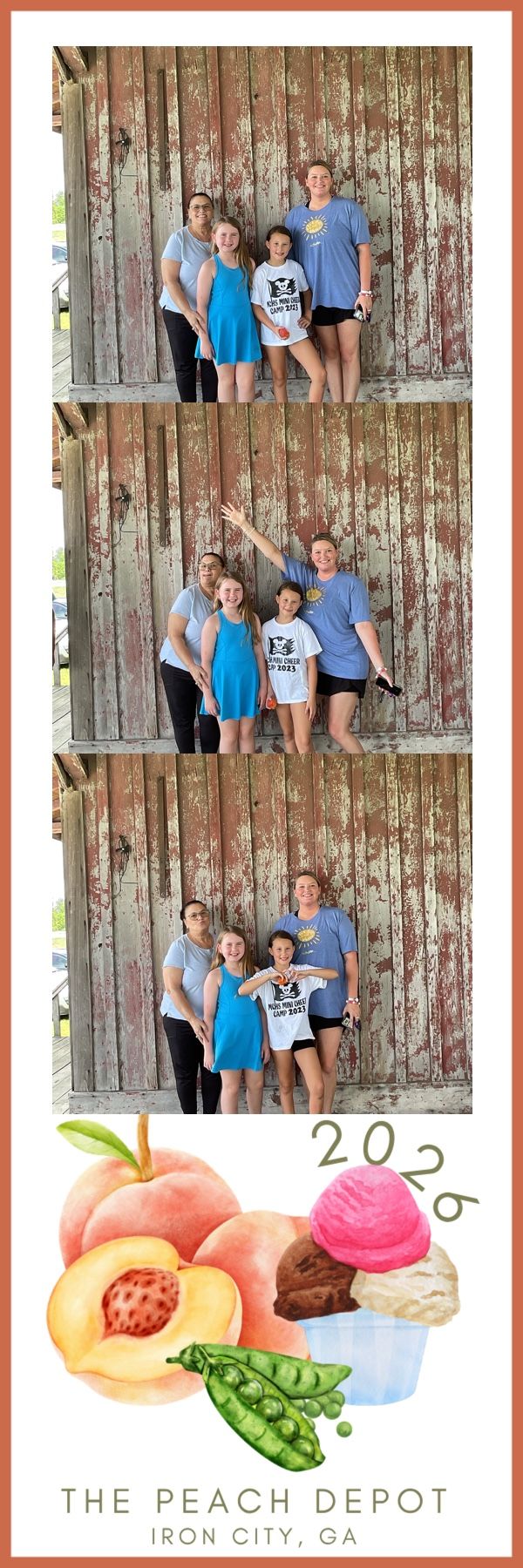 Family of four posing for fun photo booth strips at The Peach Depot in Iron City, GA, 2026.