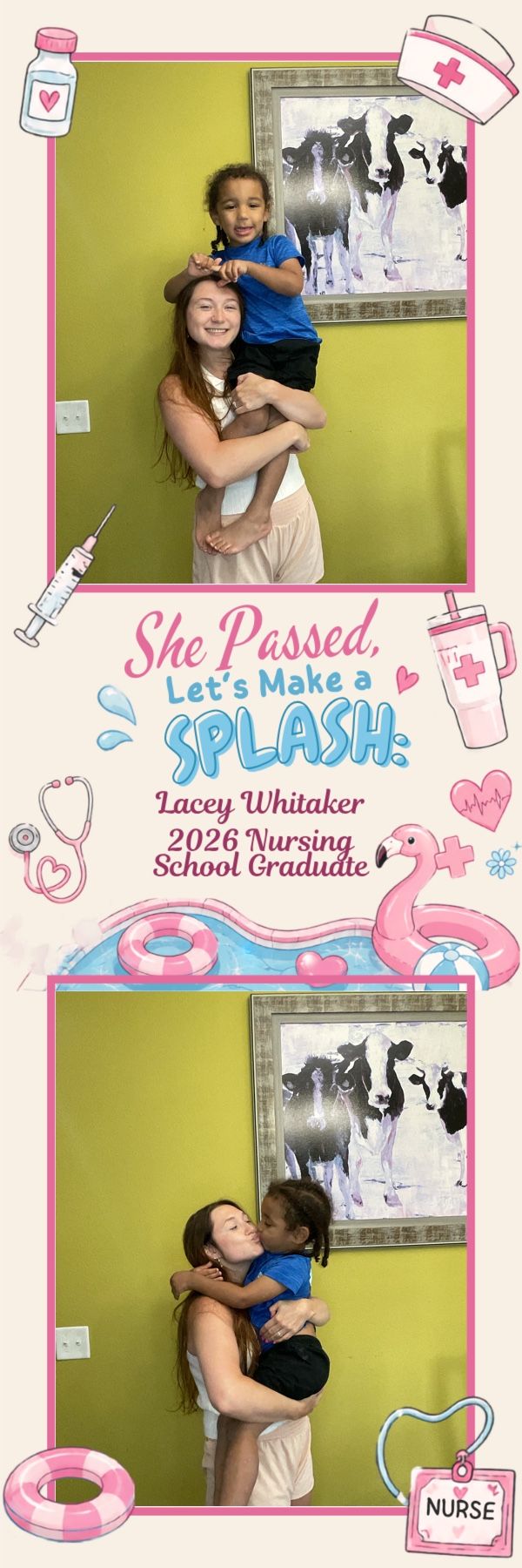 Young woman holding a child at Lacey Whitaker's 2026 nursing school graduation party photo booth.
