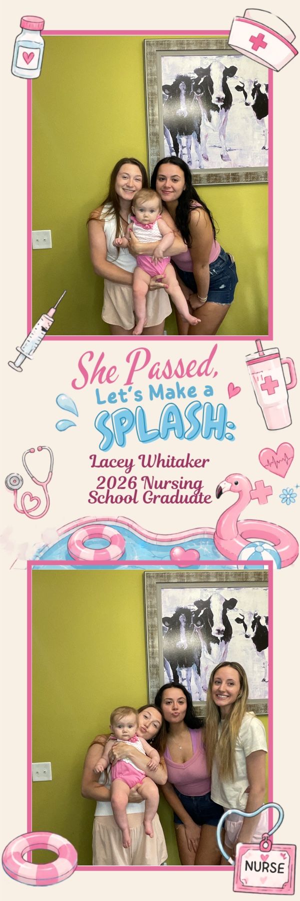 Photo booth strip celebrating Lacey Whitaker 2026 Nursing School Graduate with three women and a baby posing together.