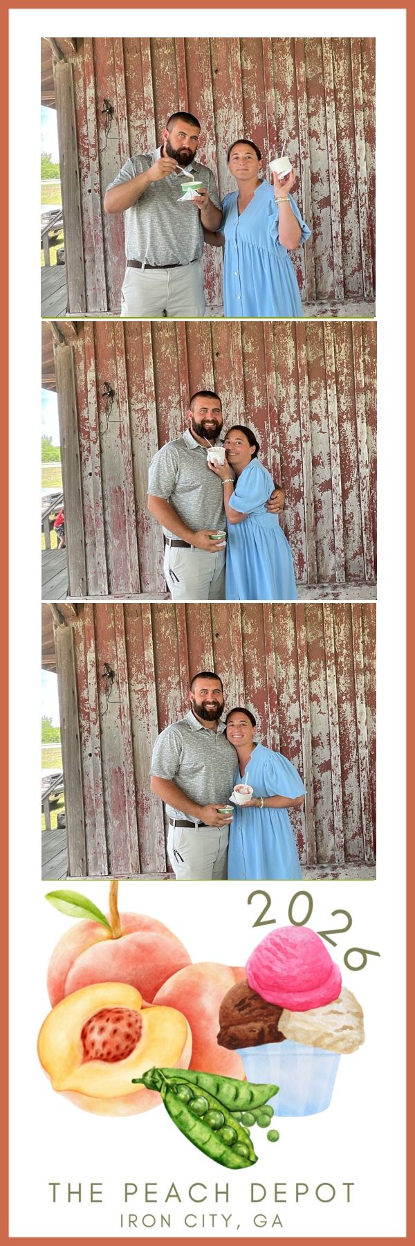 Couple posing at The Peach Depot photo booth in Iron City, GA, holding ice cream cups against a rustic wooden wall backdrop.