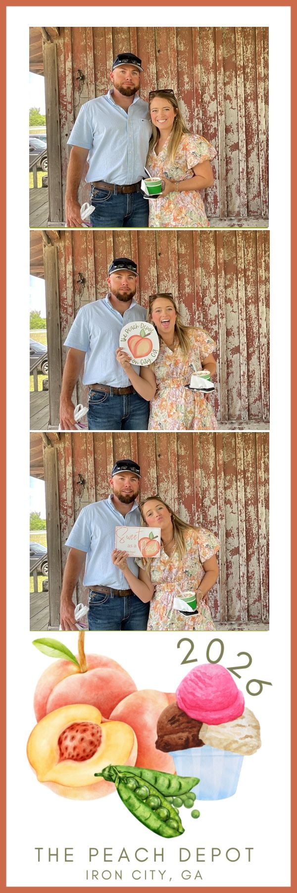 Couple posing in photo booth strip at The Peach Depot in Iron City, GA, 2026, with peach-themed props and rustic barn backdrop.