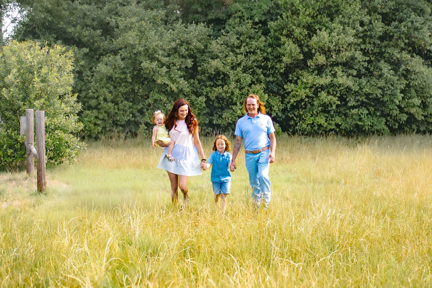 Family of four walking through a sunny green meadow with trees in the background on a warm summer day.