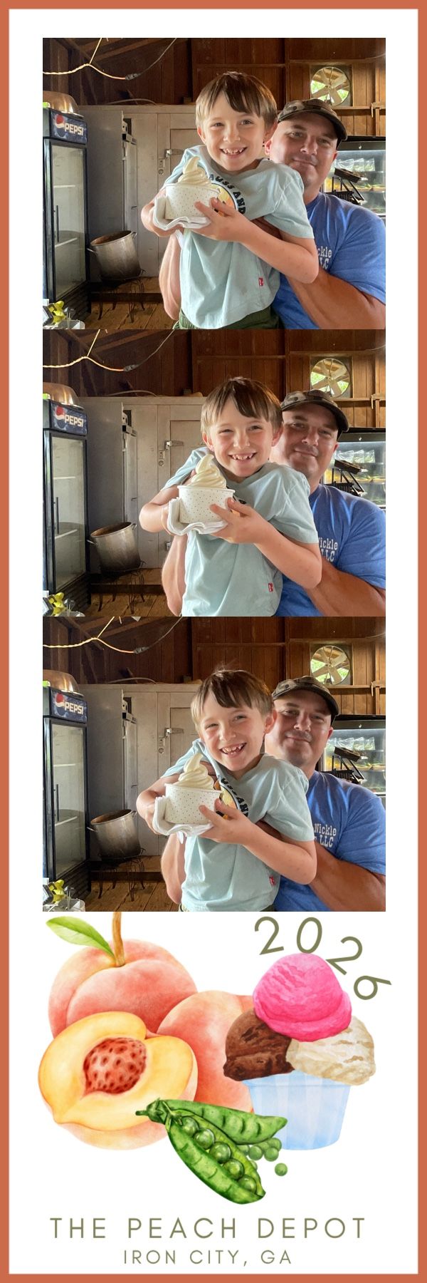 Father and son smiling with soft-serve ice cream at The Peach Depot photo booth in Iron City, GA.