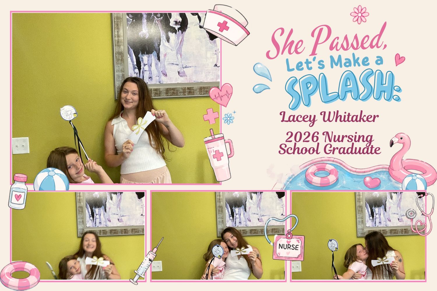 Photo booth strip for Lacey Whitaker 2026 Nursing Graduate featuring two girls posing at a splash-themed celebration.