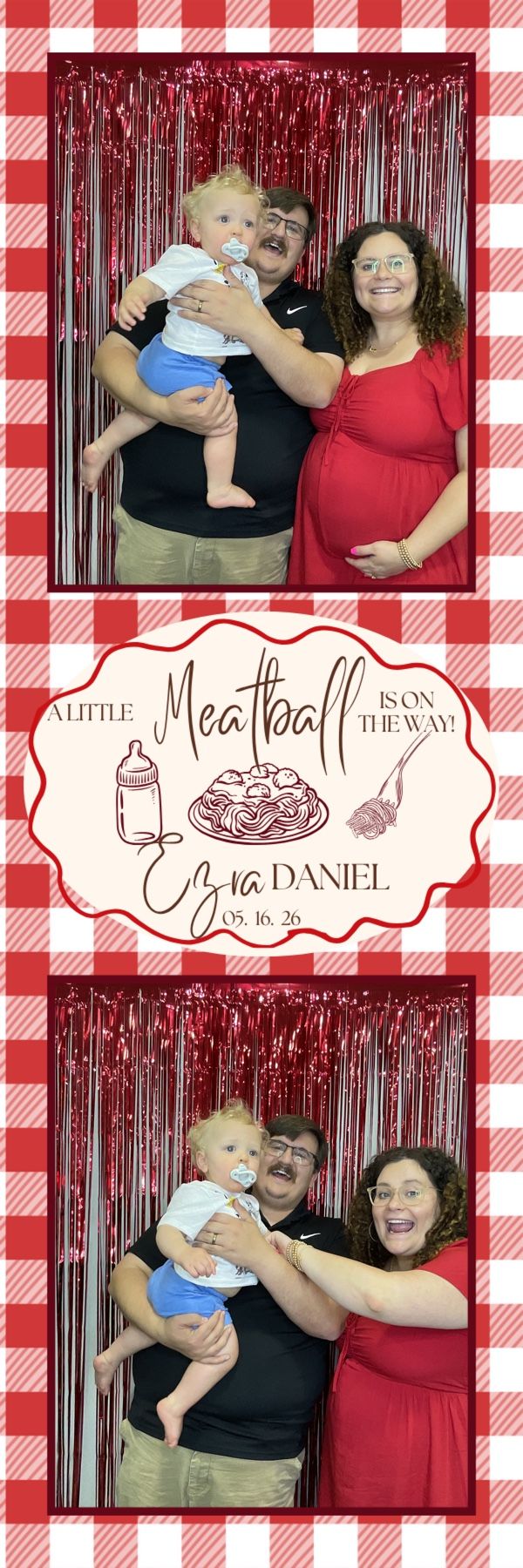 Family photo booth strip at a meatball-themed baby shower for Ezra Daniel, due 05.16.26, with red gingham backdrop.