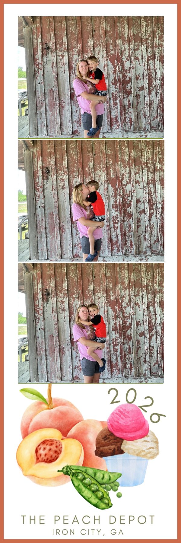 A photo booth strip from The Peach Depot in Iron City, GA showing a woman holding a child against a rustic barn wall in 2026.