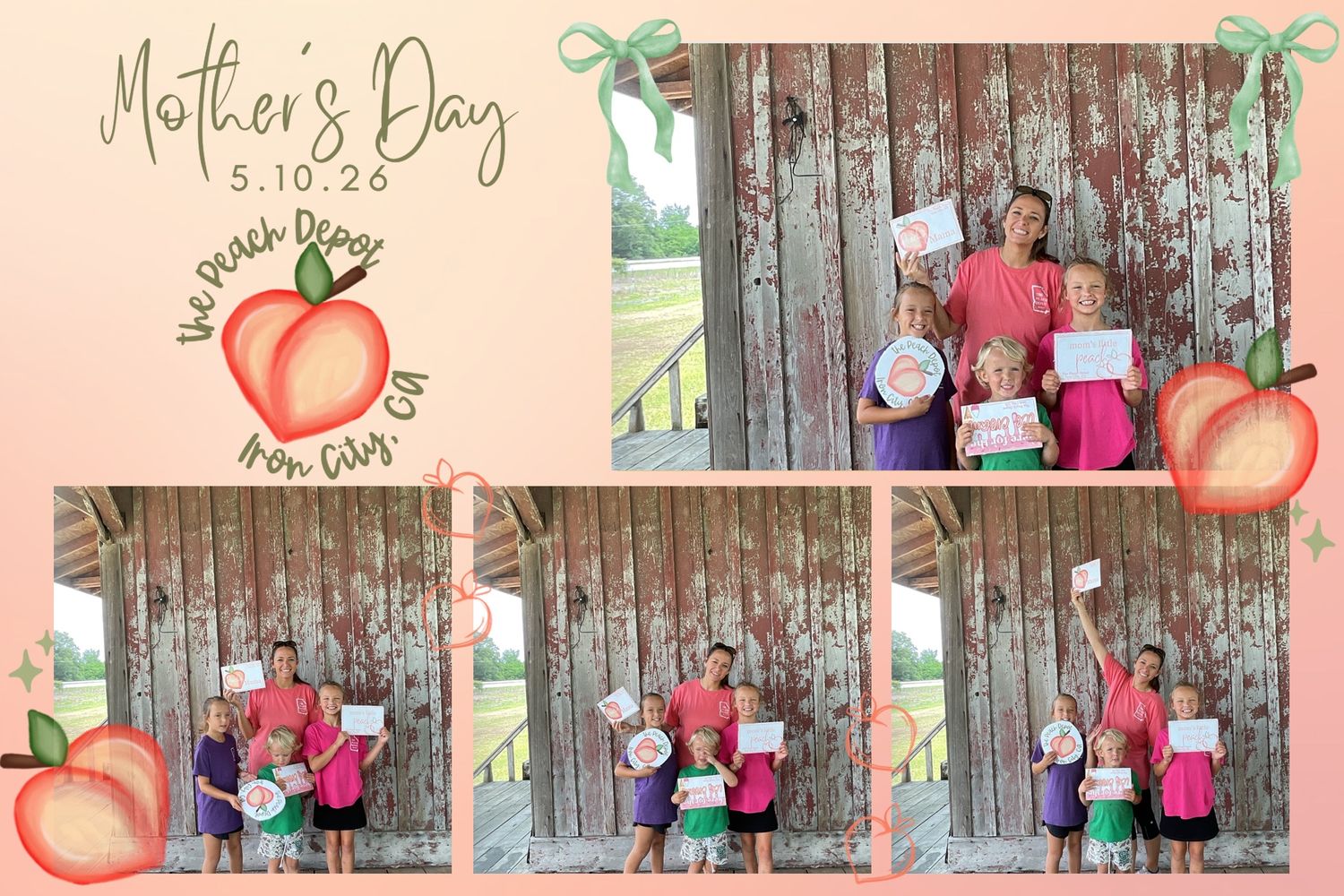 Family photo booth strip from Mother’s Day 5.10.24 at The Peach Depot in Gray, GA with rustic barn backdrop.
