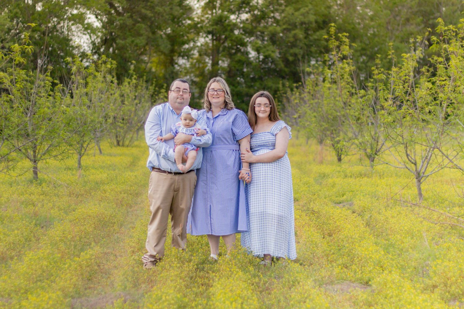 Family of four standing together in yellow wildflower field between rows of green trees.