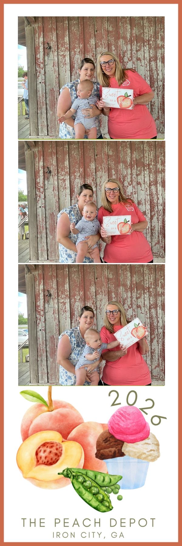 Two women and a baby pose for a photo booth strip at The Peach Depot in Iron City, GA, 2026.