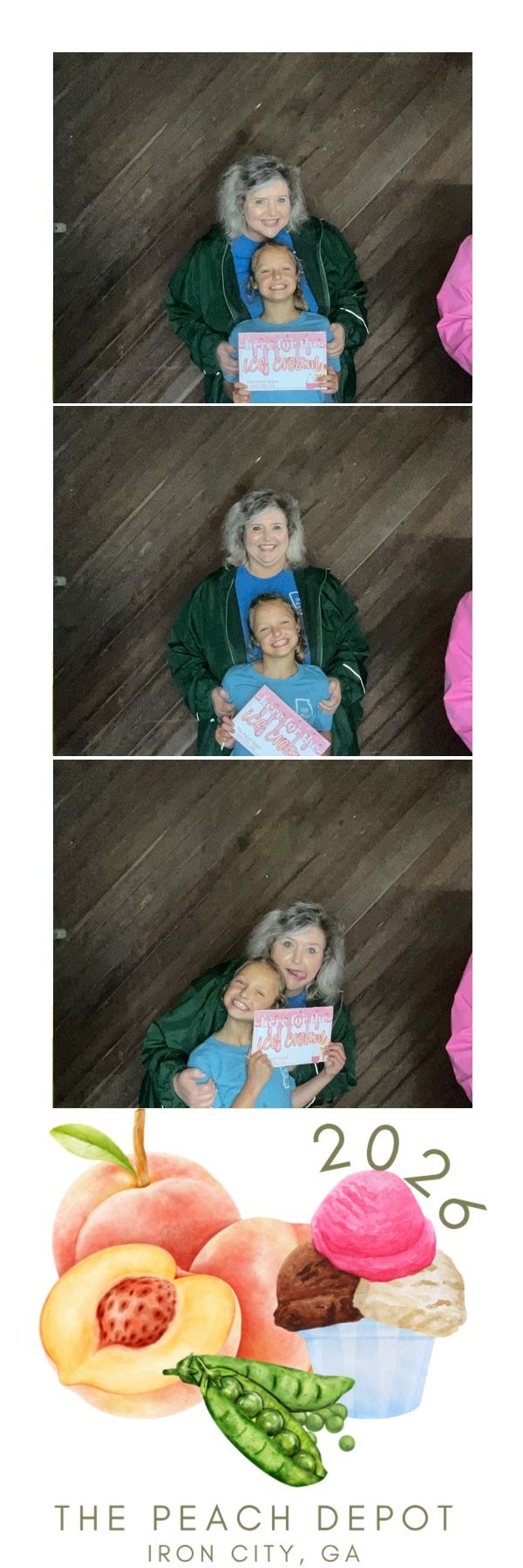 Woman and child hug while holding a sign in photo booth strips at The Peach Depot, 2026.