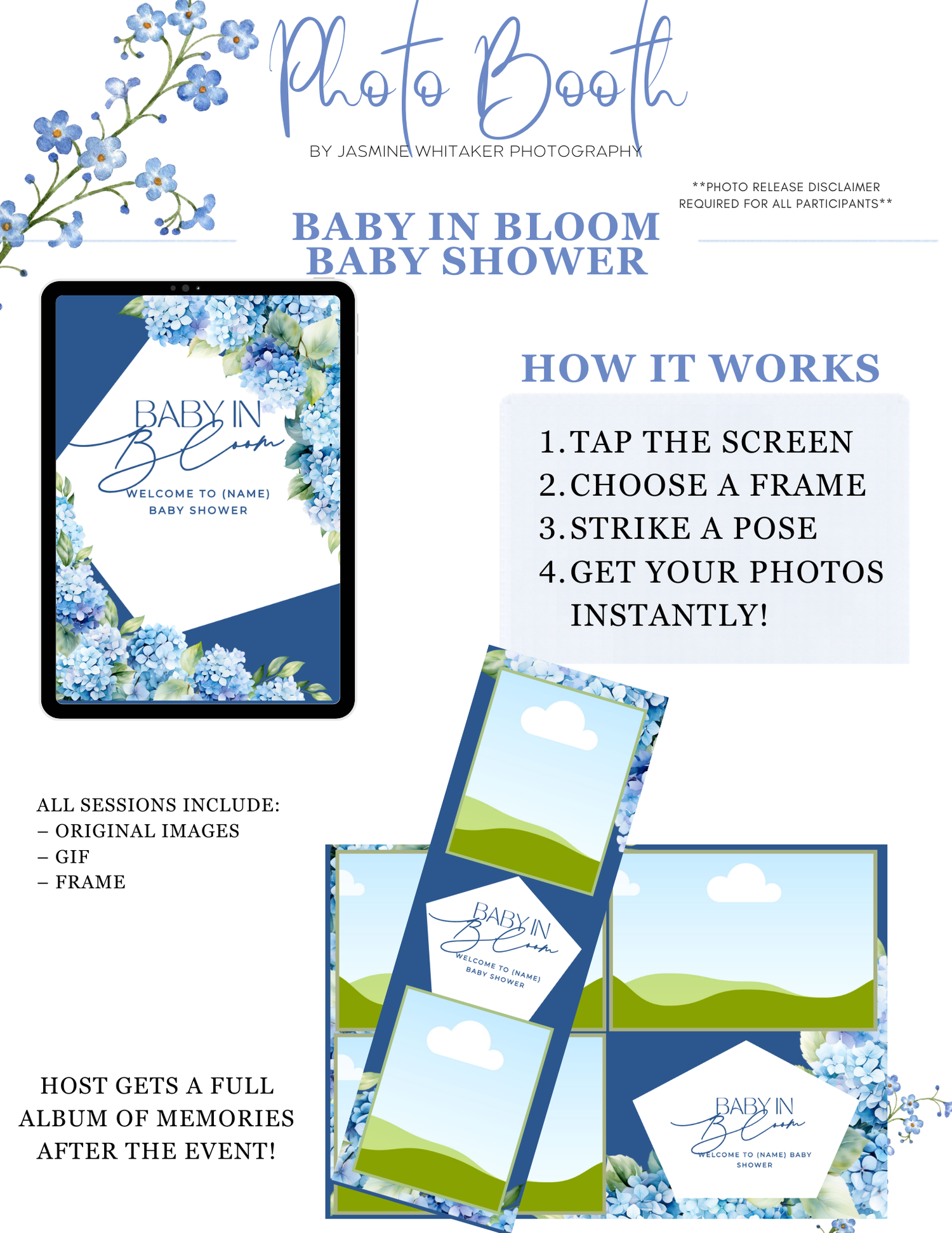 Baby in Bloom baby shower photo booth flyer with blue hydrangeas and step-by-step instructions.