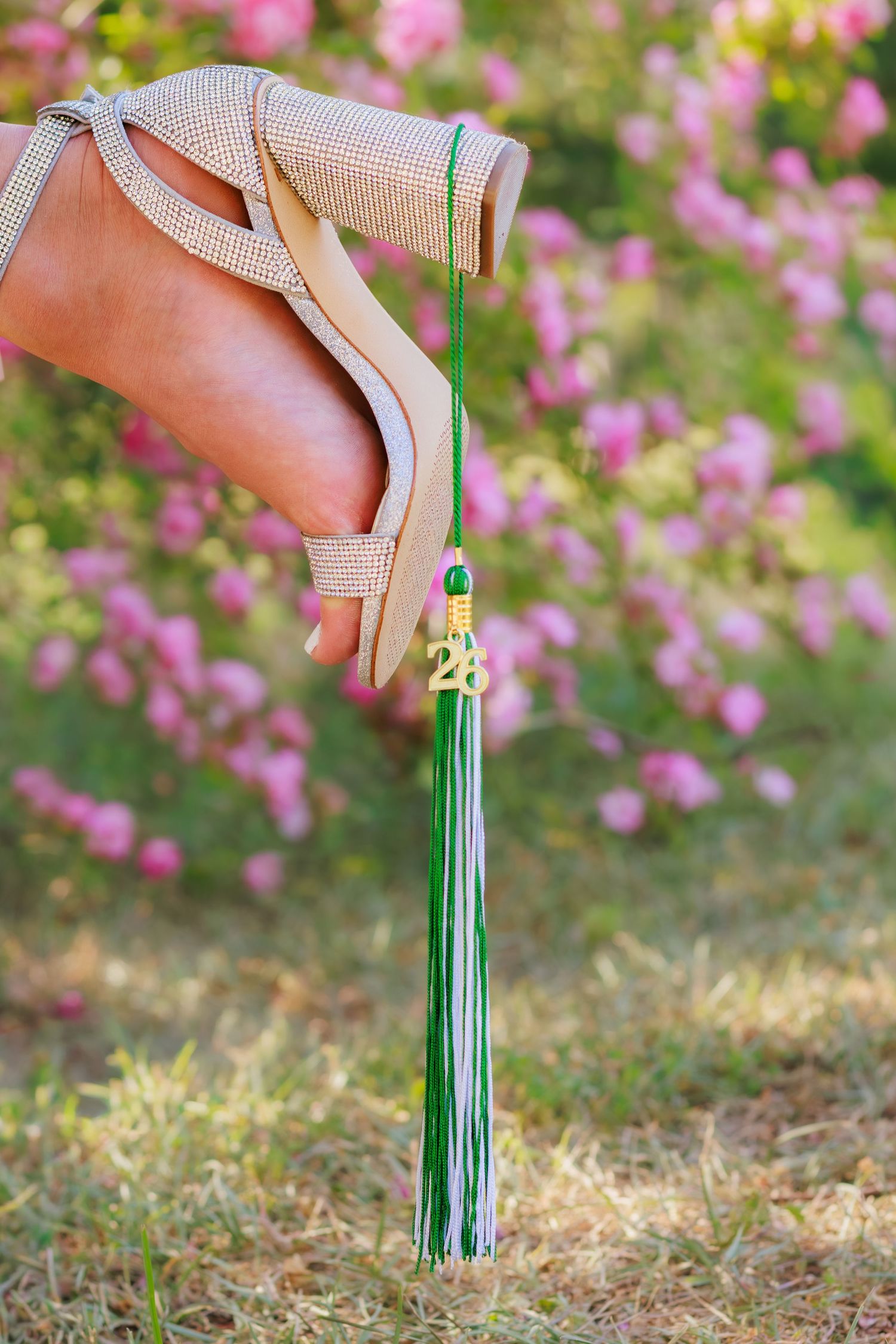 Hand holding a green and gold graduation tassel with 28 charm against pink flowering bushes.