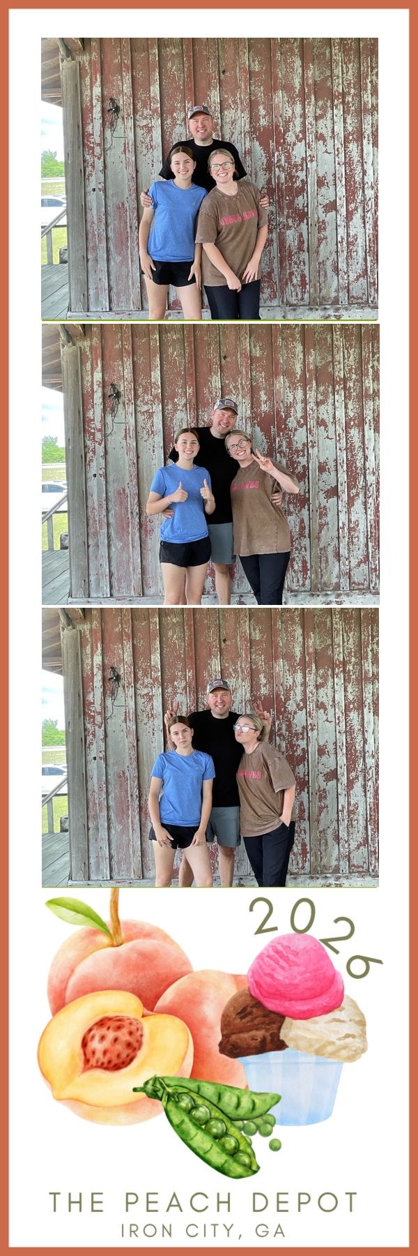 A photo booth strip from The Peach Depot in Iron City, GA featuring three poses of a group of three people in 2026.