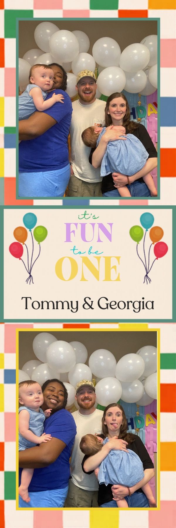 Photo booth strip of group with twins at Tommy & Georgia's fun first birthday party.