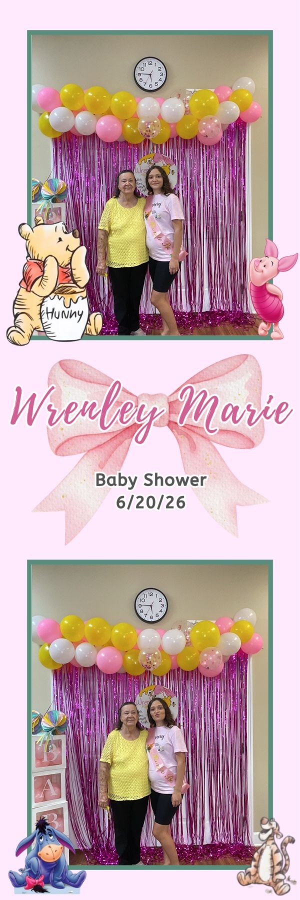 Woman and pregnant girl smile at Wrenley Marie baby shower with pink tinsel backdrop and balloon garland.