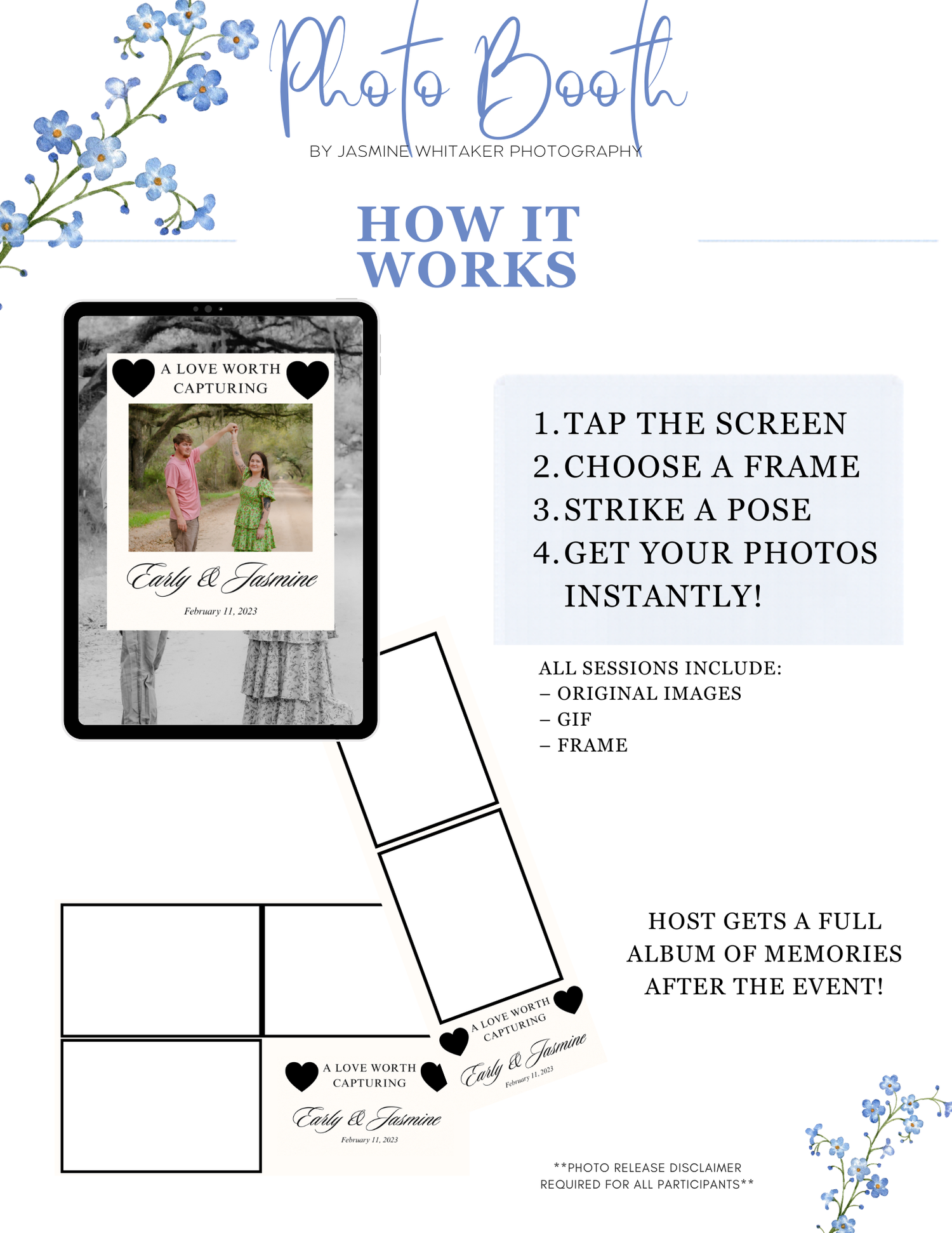 Photo booth service flyer showing how it works with steps to tap, choose frame, pose, and get photos instantly.