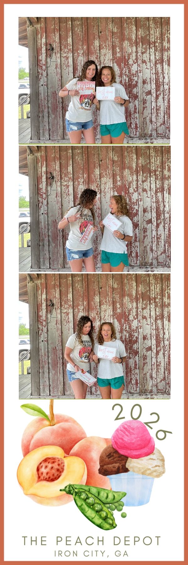 Photo booth strip from The Peach Depot in Iron City, GA showing two young women posing in front of a rustic barn wall in 2026.