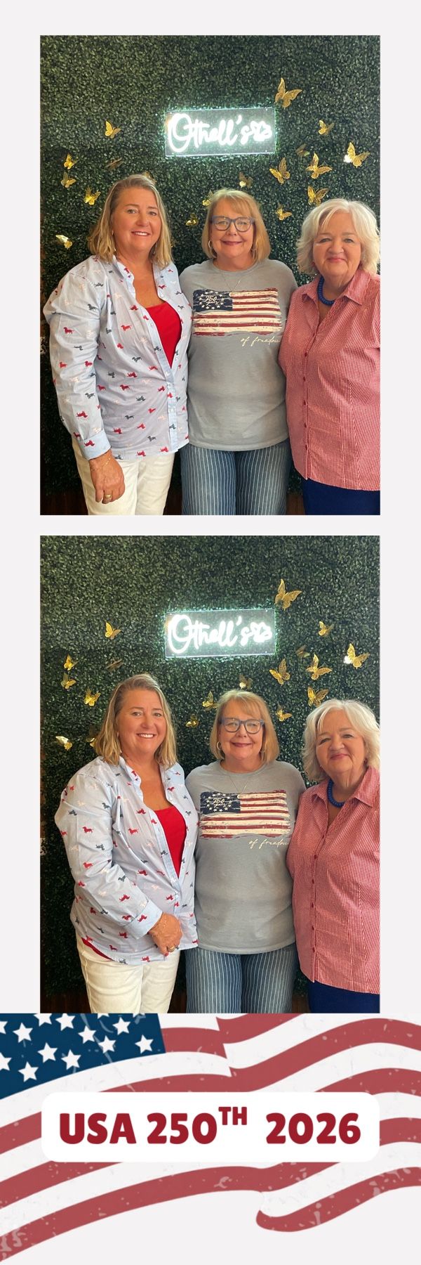 Three women pose together in front of a green wall with neon sign and gold butterflies, celebrating USA 250th anniversary 2026.